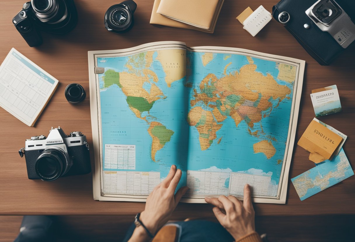 A map spread out on a table, surrounded by travel guides and a calendar. A person hastily packing a suitcase in the background