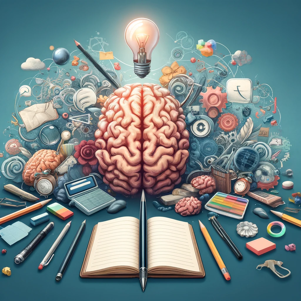 A brain surrounded by books, a light bulb, and gears.