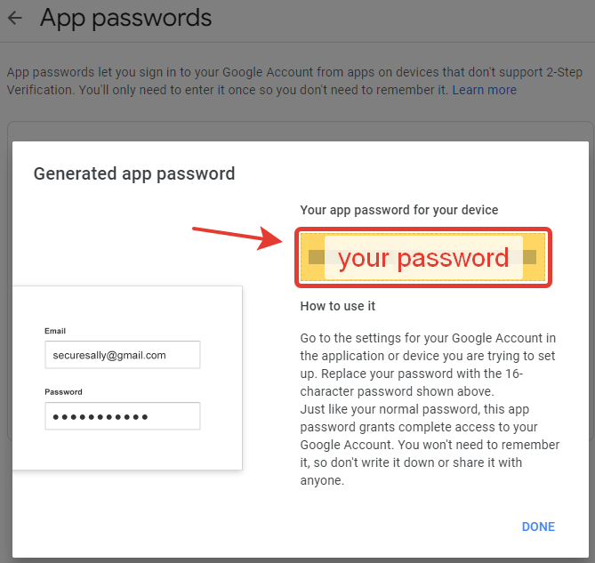 App password section showing generated password