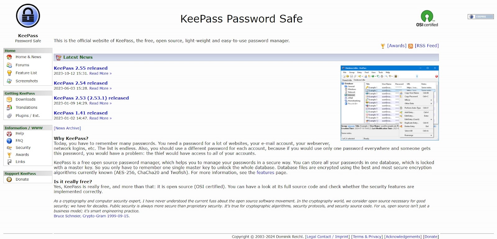 A screenshot of KeePass' website