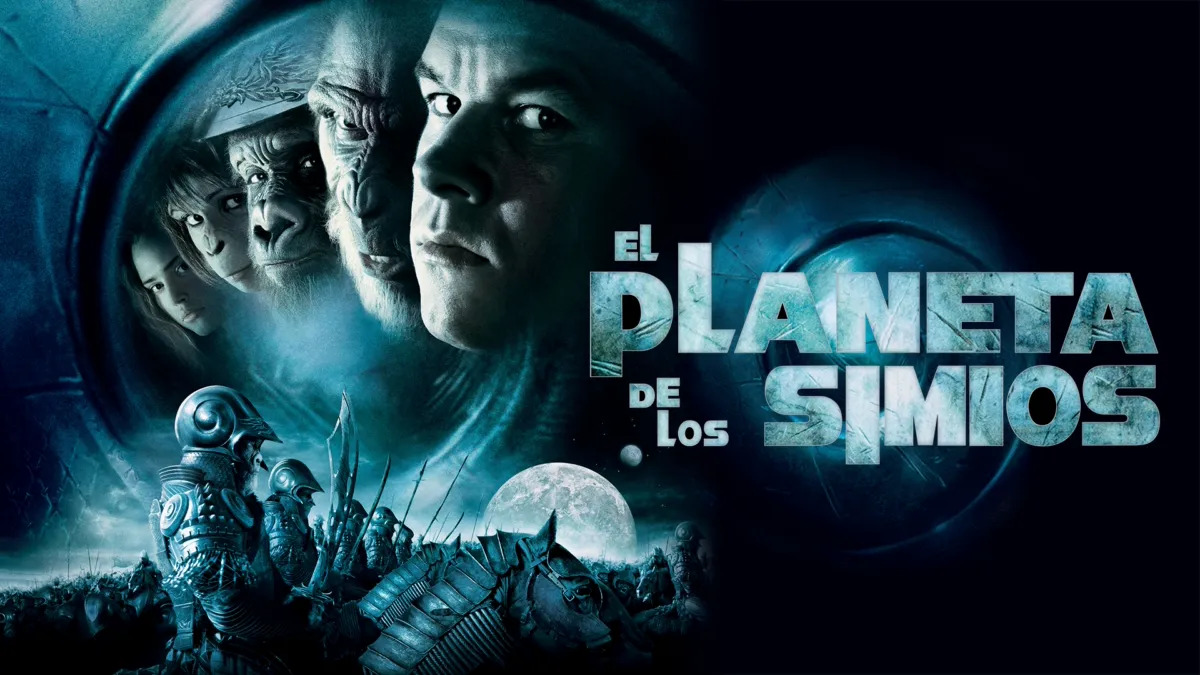Póster de El planeta de los simios de 2001. Aparece el nombre de la película grande a la derecha, y a la izquierda los protagonistas, liderados por Mark Wahlbberg