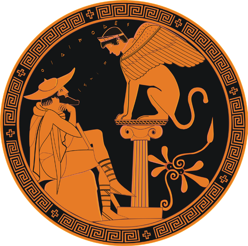A Greek stylized drawing of a man, Oedipus, sitting on a rock, facing a sphinx sitting on a column. 