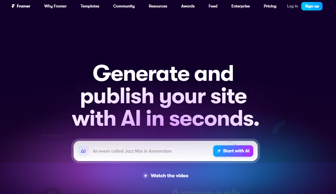 The homepage for the Framer AI website builder.