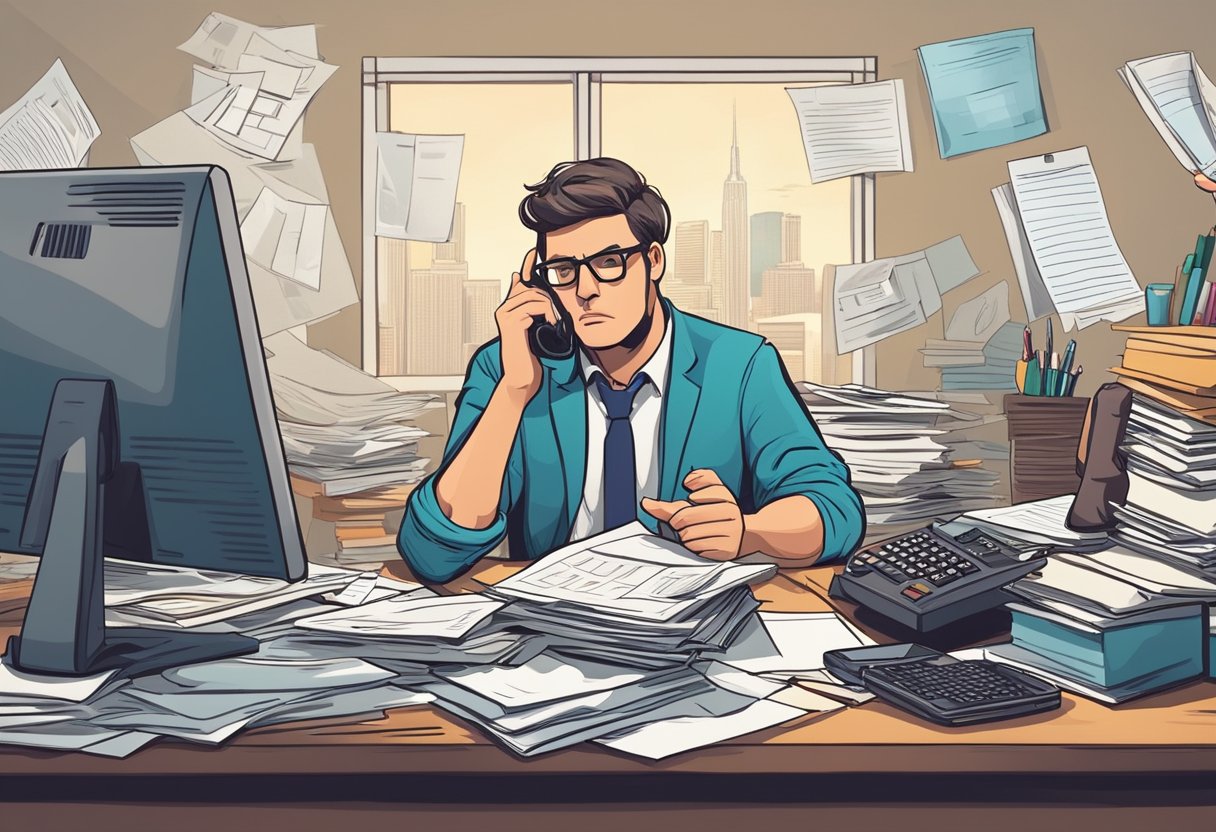A frustrated seller sits at a cluttered desk, surrounded by paperwork and a phone. They look stressed as they try to negotiate with a buyer over the terms of the sale