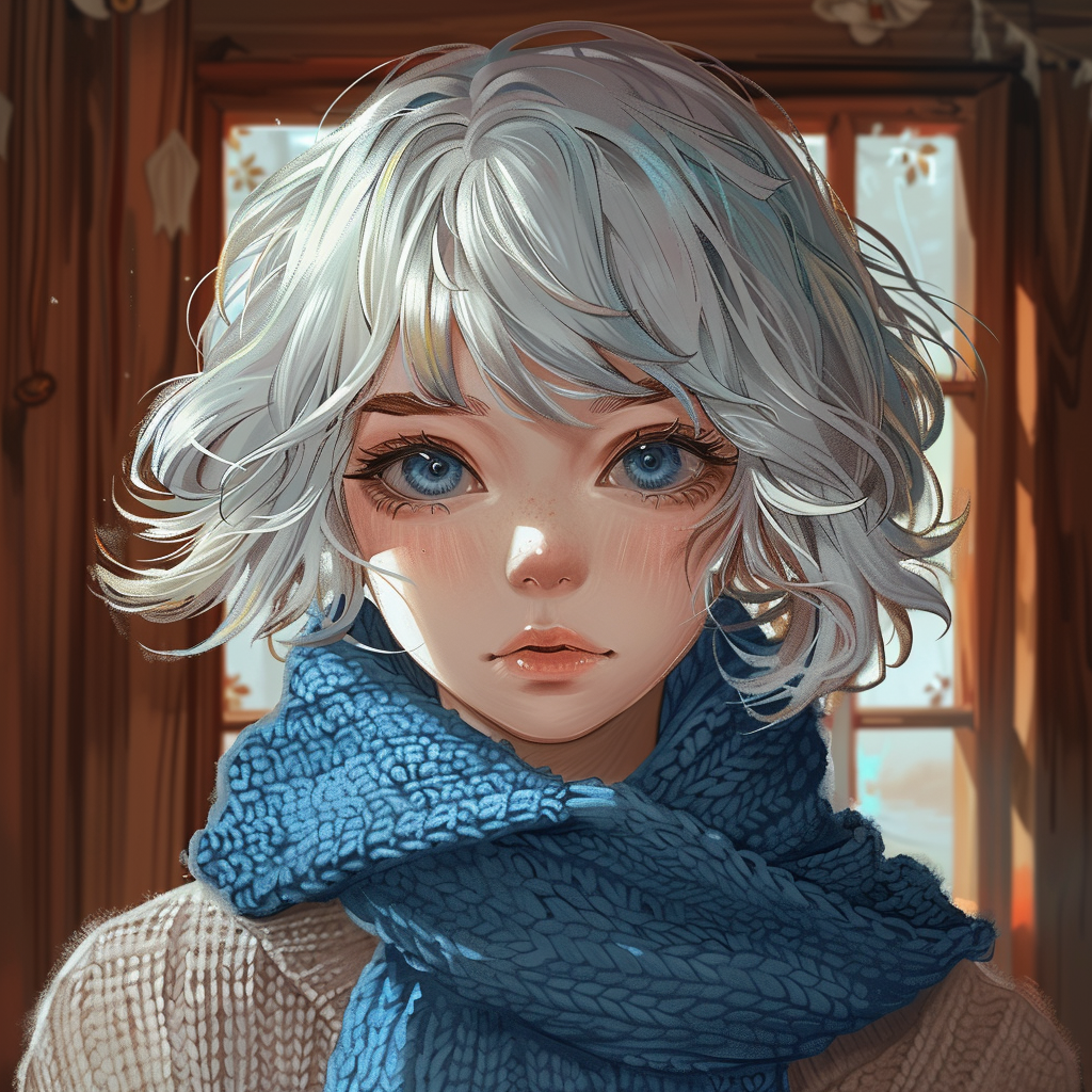 anime, female character with short wavy silver hair that frames the face, soft blue eyes and pale skin, cozy blue scarf around their neck, created with Midjourney AI generated image.