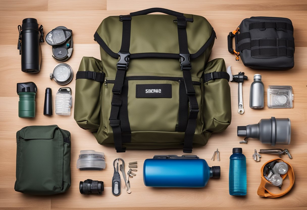 A bug out bag sits open on a table, filled with essential tools and equipment for survival. Flashlight, multi-tool, first aid kit, and water bottle are visible