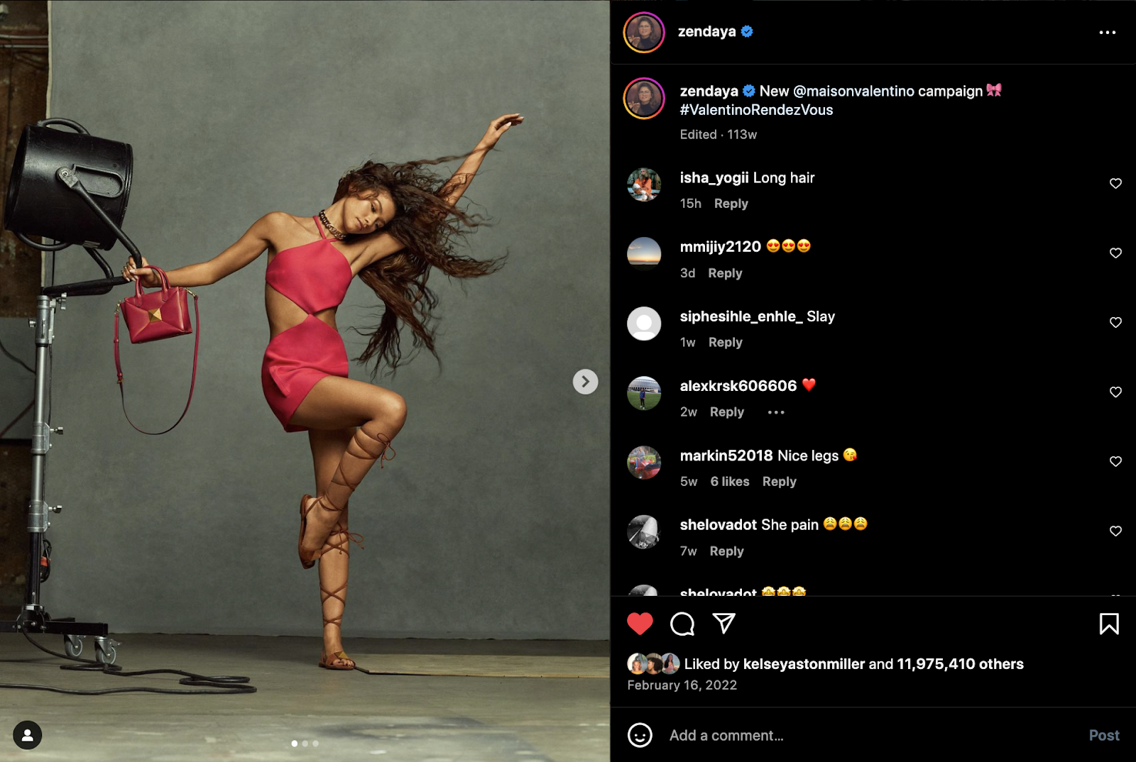 Screenshot of Zandaya's instagram post for Valentino's influencer marketing campaign
