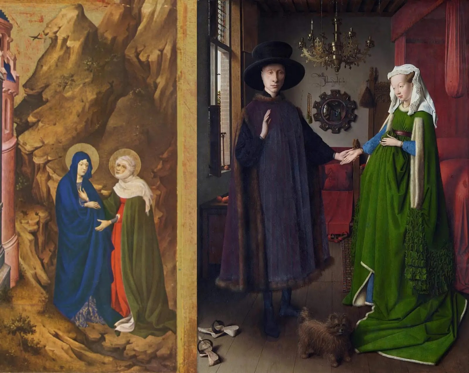 Слева: Мельхиор Брудерлам. Встреча святой Марии и святой Елизаветы (фрагмент алтарной картины). 1398.Справа: Ян ван Эйк. Чета Арнольфини. 1434.