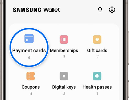 Payment cards category highlighted in the Samsung Wallet app