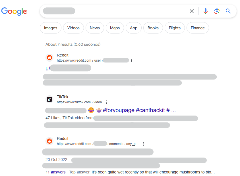 Google Search results for a specific username