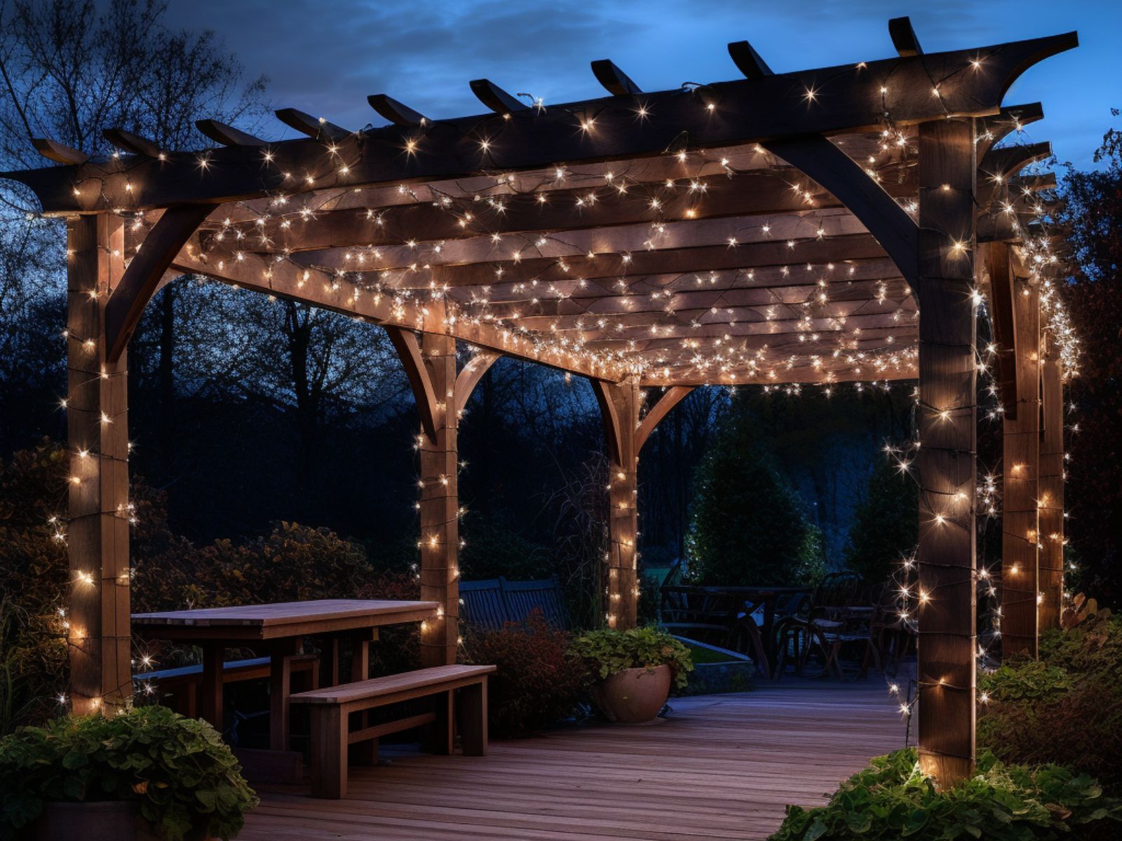 A pergola decorated with string lights