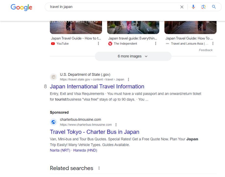 Contextual Advertising, An example of travel services advertising in Google search results