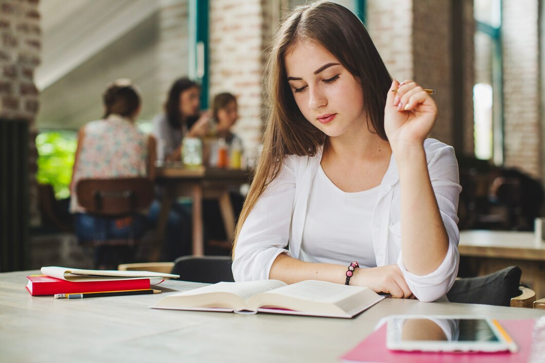 A girl studying on college campus.