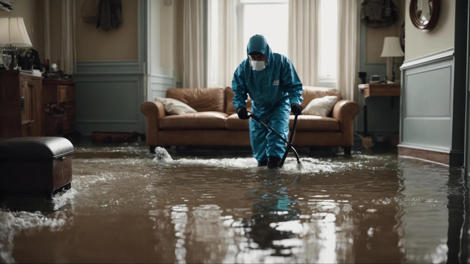 a professional cleaner, garbed in protective gear, methodically applies disinfectant in a flood-damaged living room.