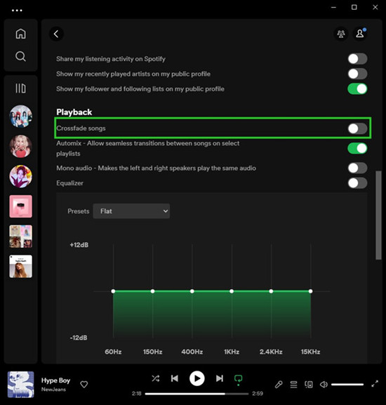 Spotify desktop Playback settings screenshot, the Crossfade songs setting is disabled