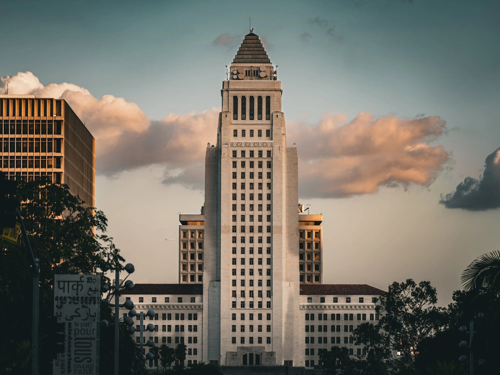 Tower of LA City Hall at Dusk.
