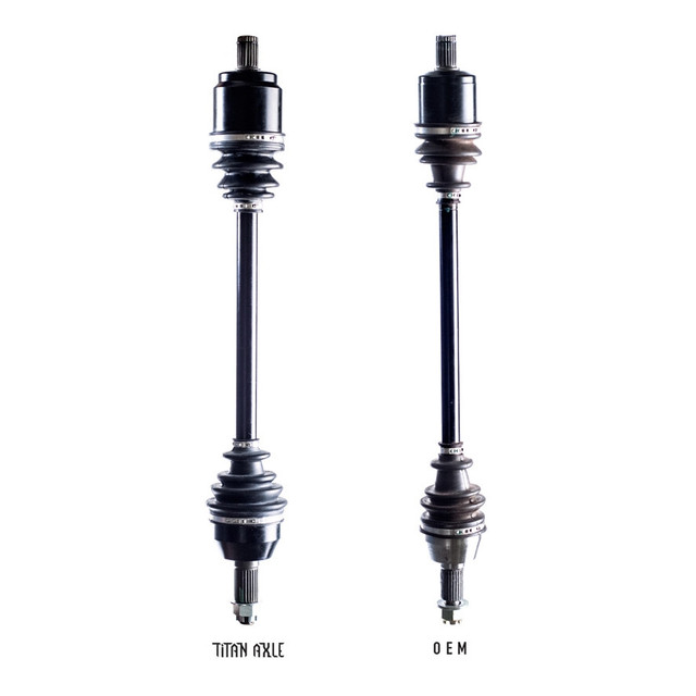 A side-by-side comparison of a Titan Axle and OEM Polaris Ranger axle against a blank background. The Titan Axle has a greater axle diameter and larger CV joint. 
