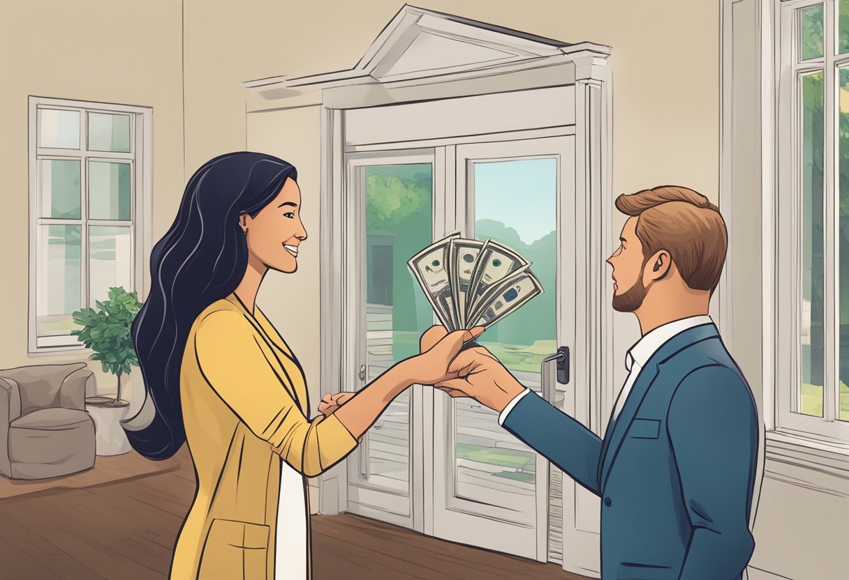A homeowner receiving a stack of cash from a buyer, with a real estate agent standing by, presenting the benefits of accepting a cash offer for their home