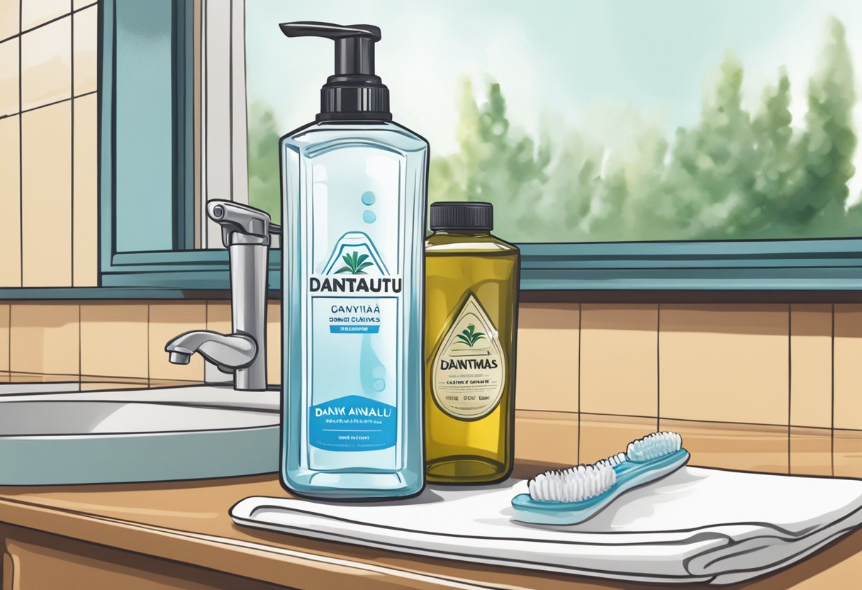 A bottle of dantu kanalu gydymas sits on a clean bathroom counter, with a toothbrush and a glass of water nearby