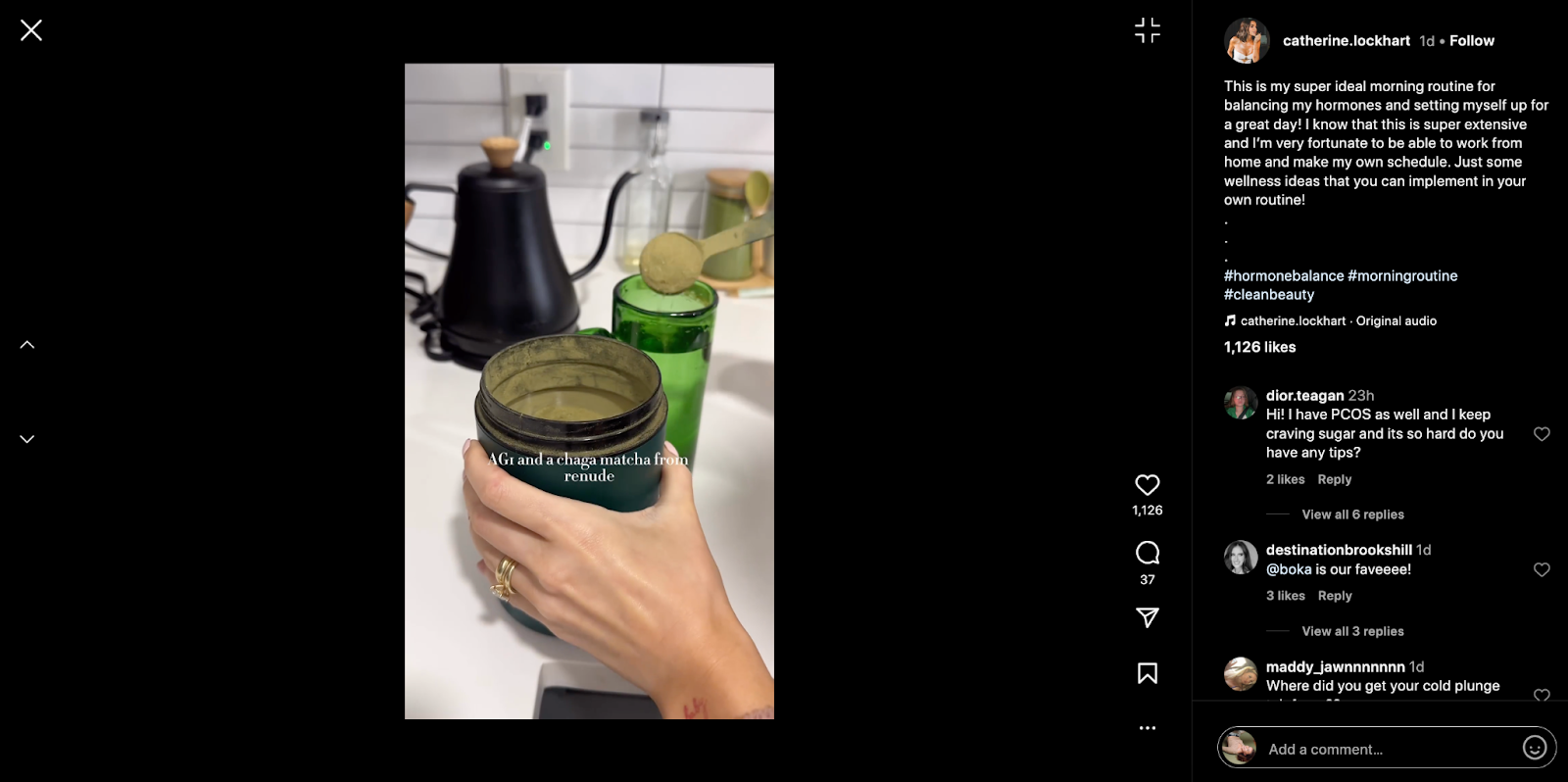 Screenshot of Instagram reel featuring lifestyle influencer preparing Athletic Greens supplement drink for her morning routine