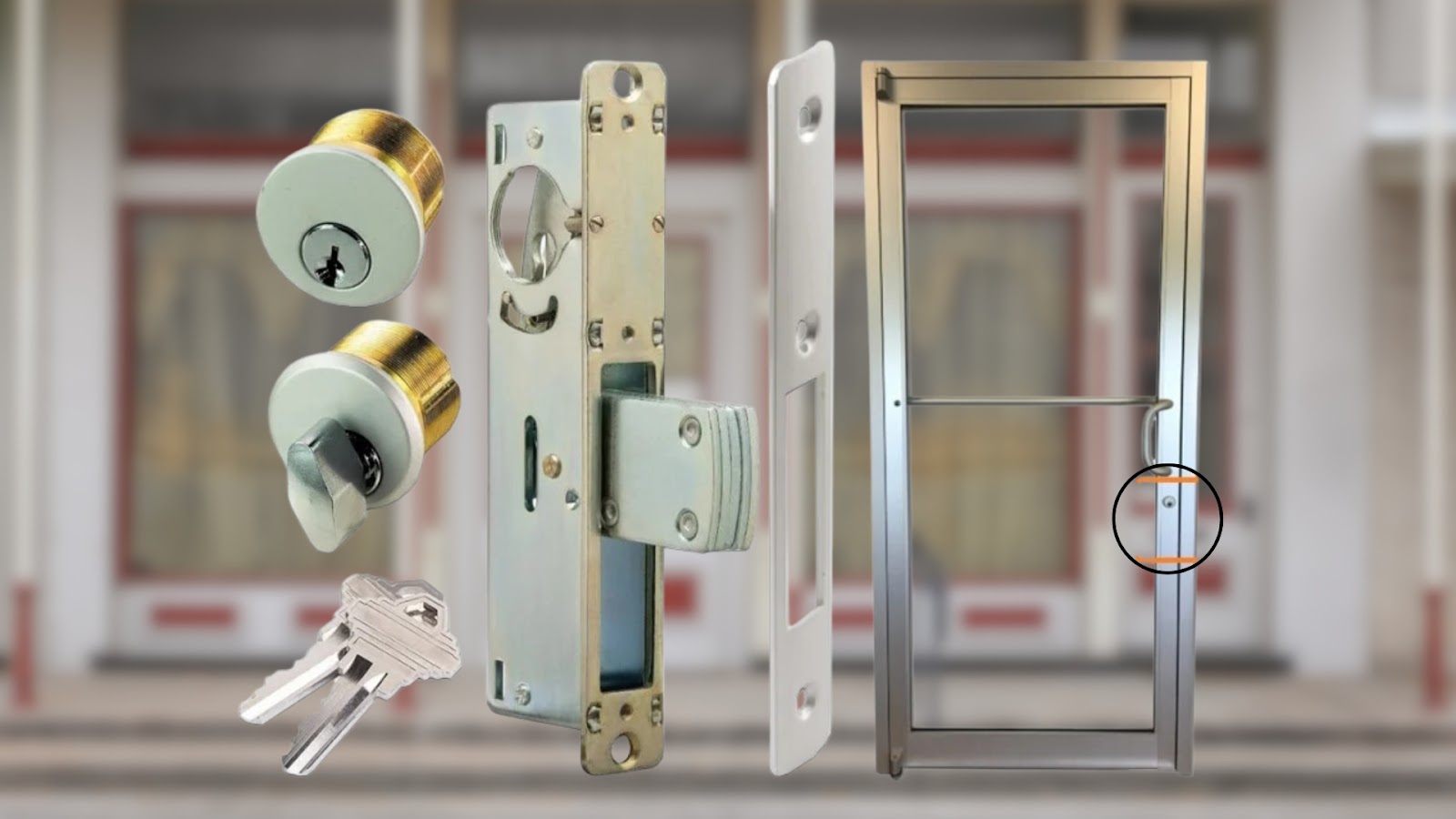 A set of high-security locks, including cylindrical locksets and a mortise lock set, is installed in a building's front door.