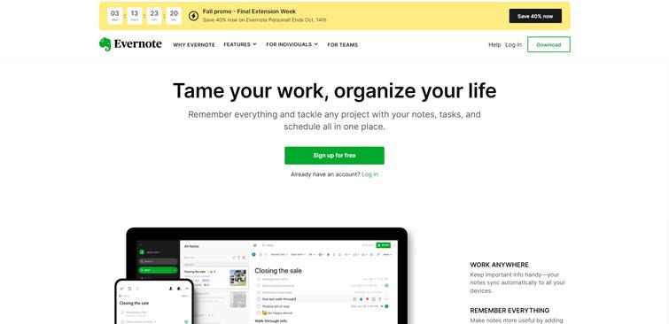 Screenshot of evernote home page.