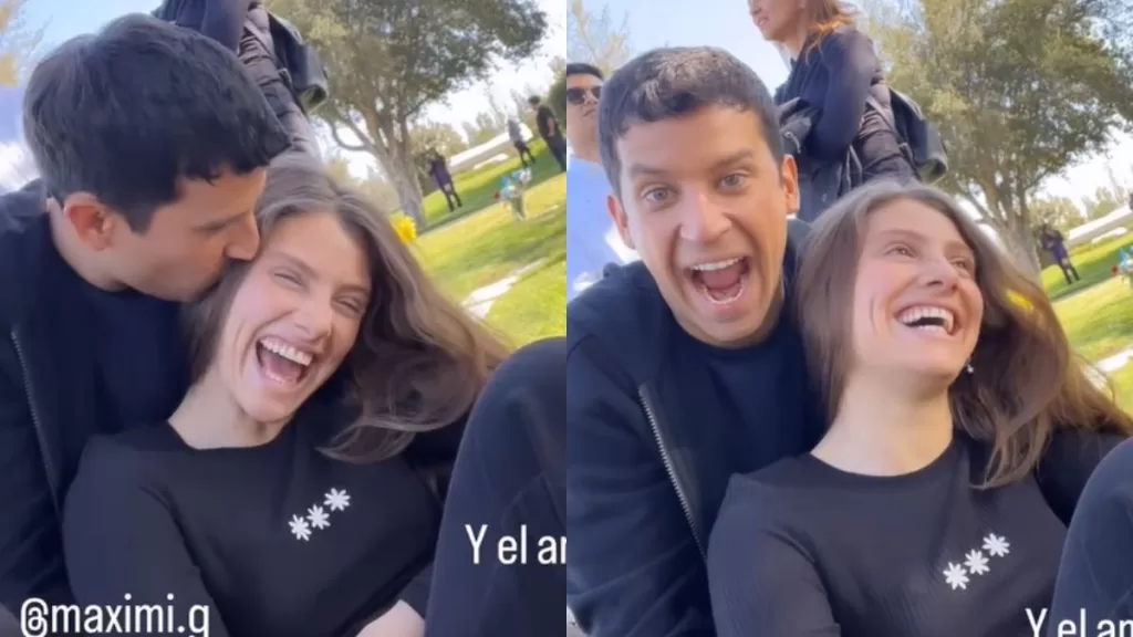 Max Salgado (izquierda) y Octavia Bernasconi (derecha) comparten juntos en un parque. El actor besa a la actriz en la sien.