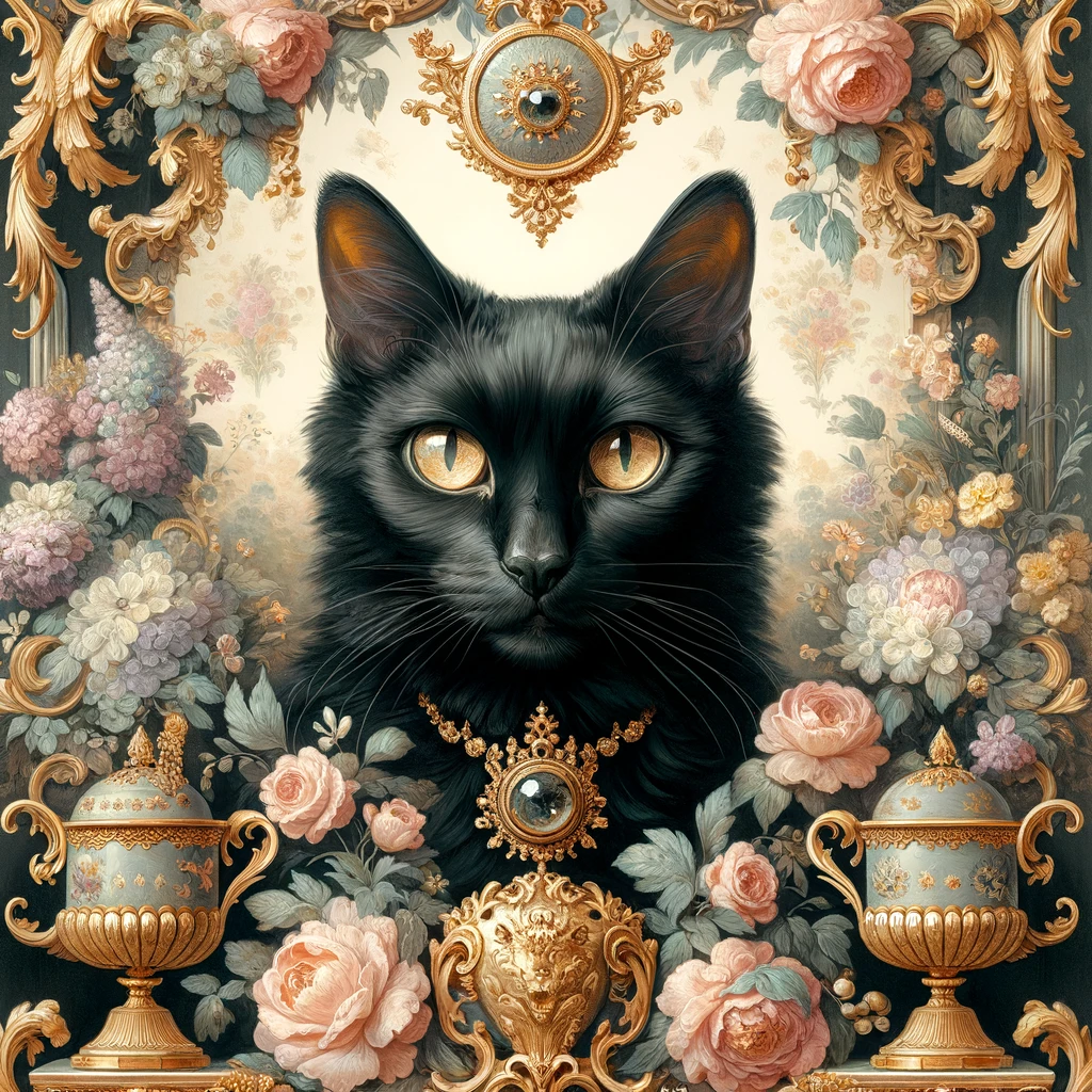 An image of a black cat in Rococo style