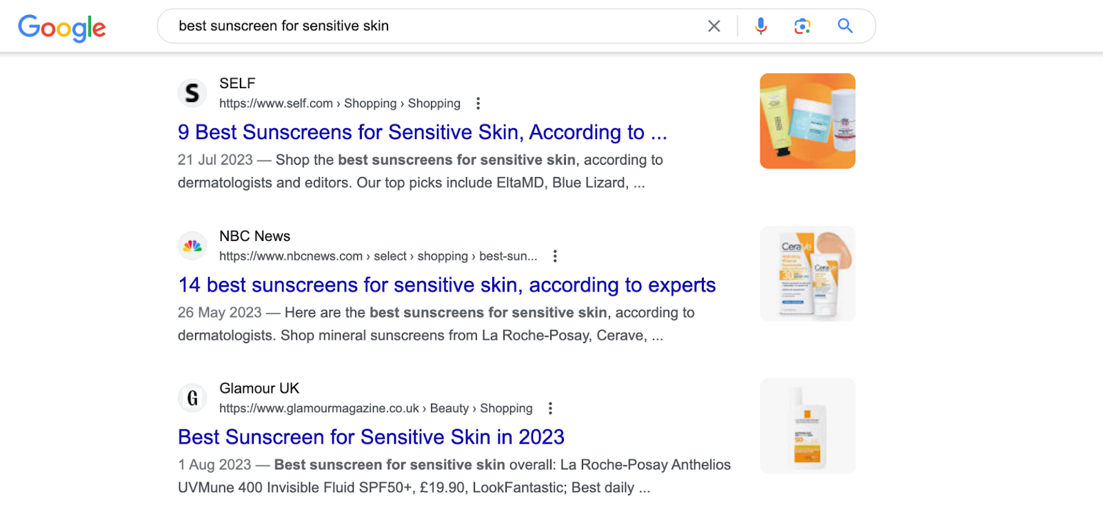 Google search results showing listicle articles for the search term best sunscreen for sensitive skin