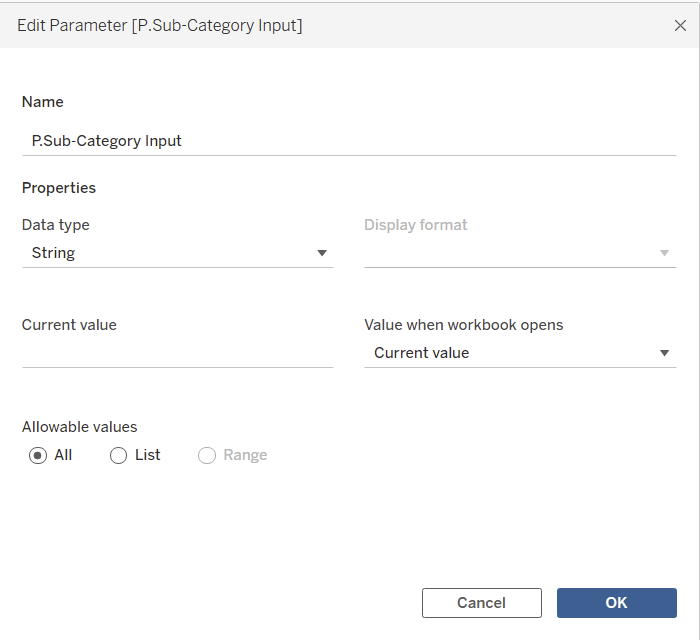 How to create multiple select parameters in Tableau: [P.Sub-Category Input] parameter setup