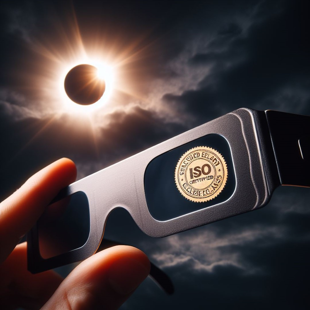 A person is holding a pair of ISO certified eclipse viewing glasses against a backdrop of a solar eclipse, highlighting the importance and safety of using certified eyewear to observe such astronomical events. 🌞🌑👓