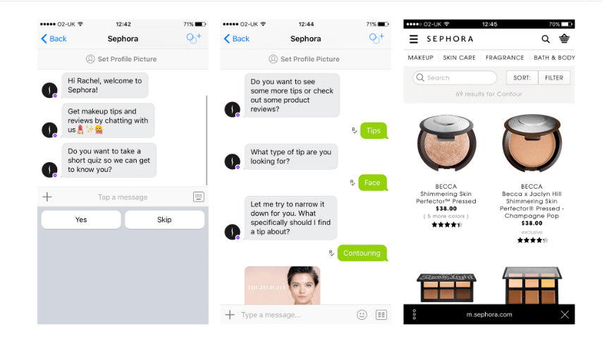 Sephora's Kik bot's conversation thread with a customer.