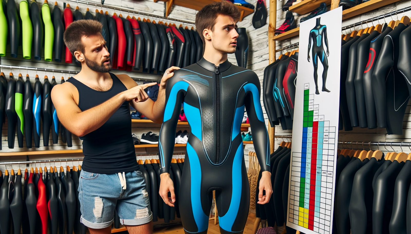 Photo of a rookie triathlete standing in a store, looking at a wetsuit size chart on the wall. They're holding a wetsuit that is clearly too small for their physique. A more experienced triathlete stands beside them, pointing at the chart with a concerned expression, suggesting that they should consider more factors than just the height/weight. Around them, there are racks filled with various wetsuits, some with bold colors and trendy designs.