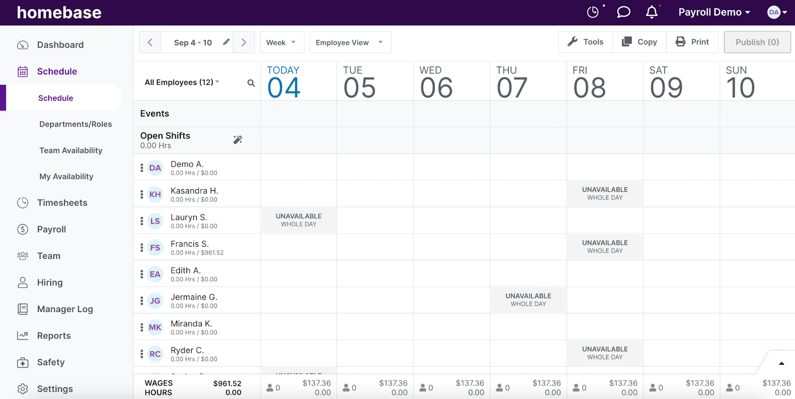 A screenshot of Homebase's scheduling tool interface on a desktop.