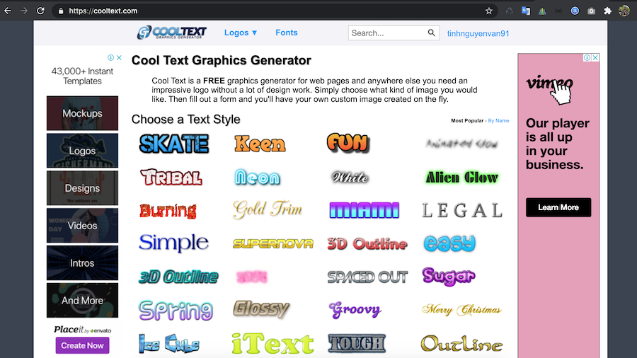 Cooltext cung cấp nhiều mẫu logo và hiệu ứng đồ họa.