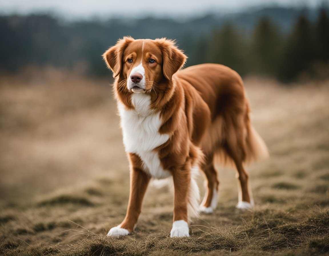 a photo of a nova scotia duck tolling retriever with a white and brown mixed color coat standing on a field with a forest in the background