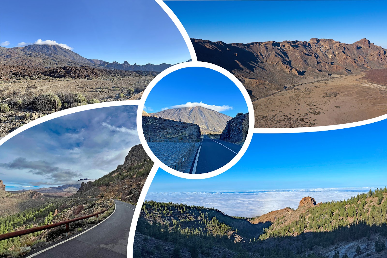 photo collage shows the segment of the climb between the National Park sign and the Visitor's Center, alpine setting, Mt. Teide in background