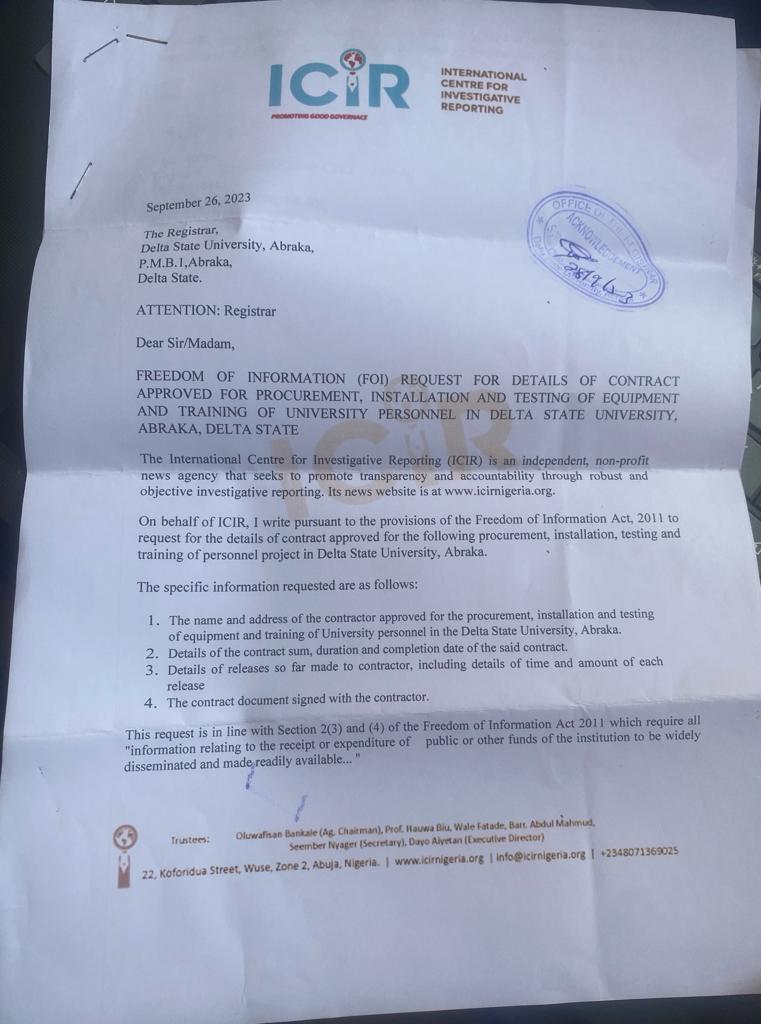 Freedom of Information letter sent to DELSU