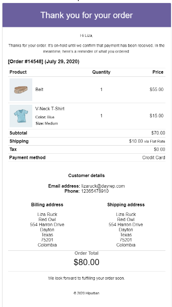 WooCommerce order email 