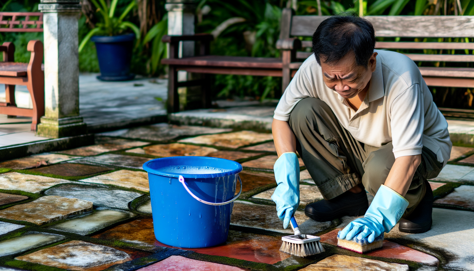 Applying cleaning solution to patio slabs