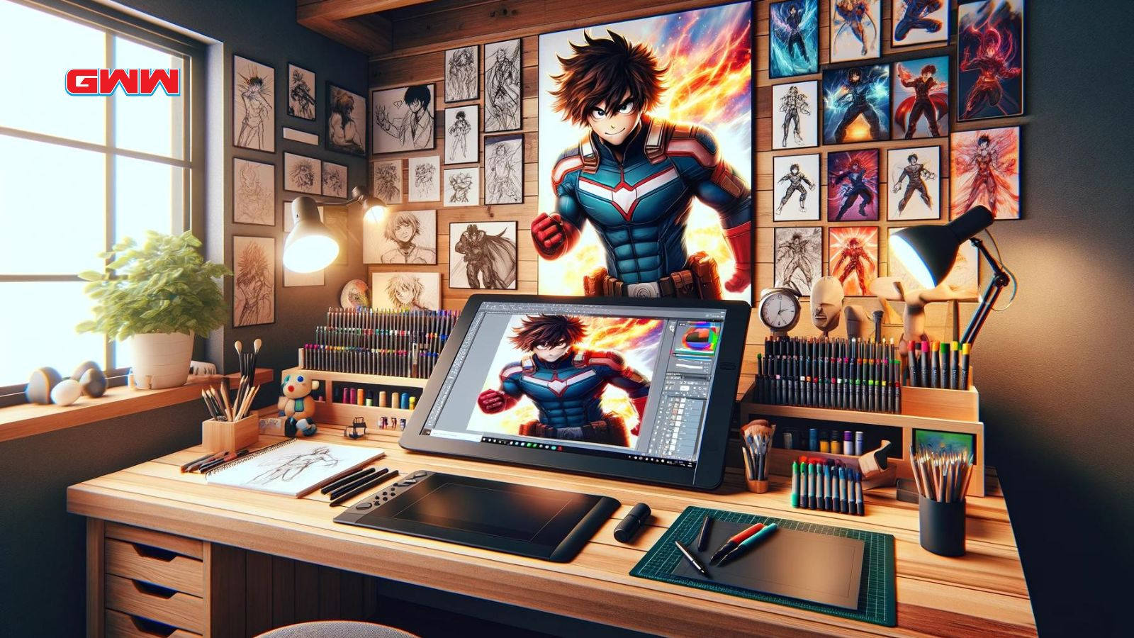 Anime superhero illustration on artist's digital workspace