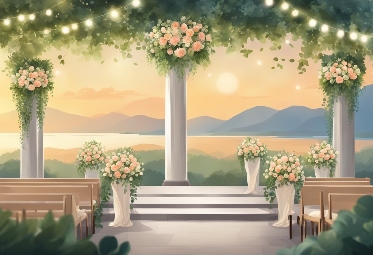 A romantic outdoor wedding setting with a picturesque backdrop, elegant decorations, and soft natural lighting