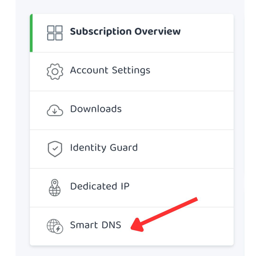 PIA account menu with arrow pointing to Smart DNS
