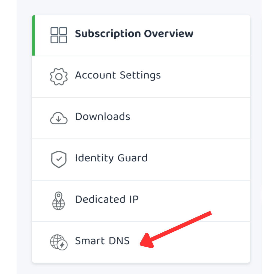 PIA 账户菜单，箭头指向 SmartDNS