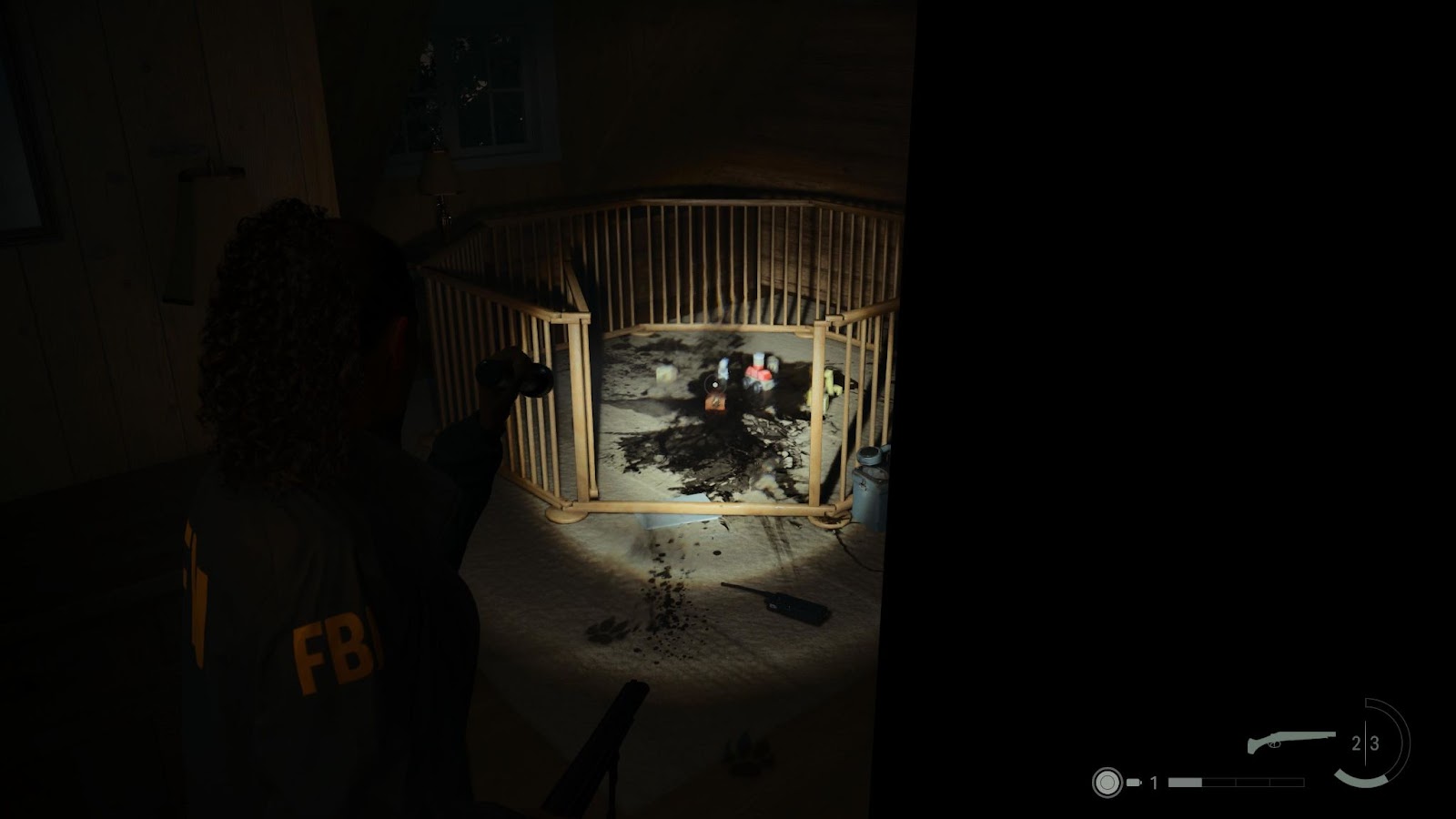 An in game screenshot of the child's playpen in the Witchfinder's Station from the game Alan Wake II. 