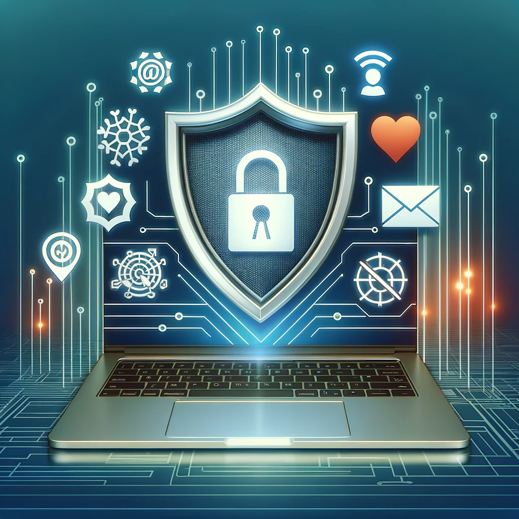 "A laptop with a digital shield displaying a lock icon, symbolizing cybersecurity, surrounded by icons representing various protection and monitoring functions."