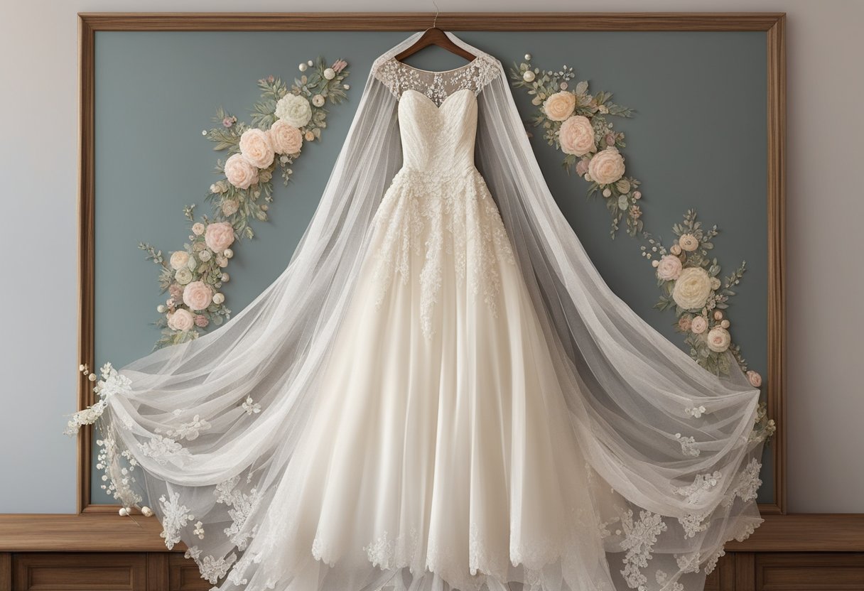 A bride's wedding dress hangs on a vintage wooden hanger, surrounded by delicate lace, pearls, and floral embroidery. A soft veil cascades down, creating a romantic and elegant atmosphere