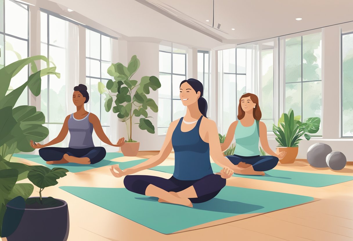 Employees engaging in wellness activities: yoga, meditation, and group exercise. A wellness coach leads discussions and provides resources. Office space with natural light and plants