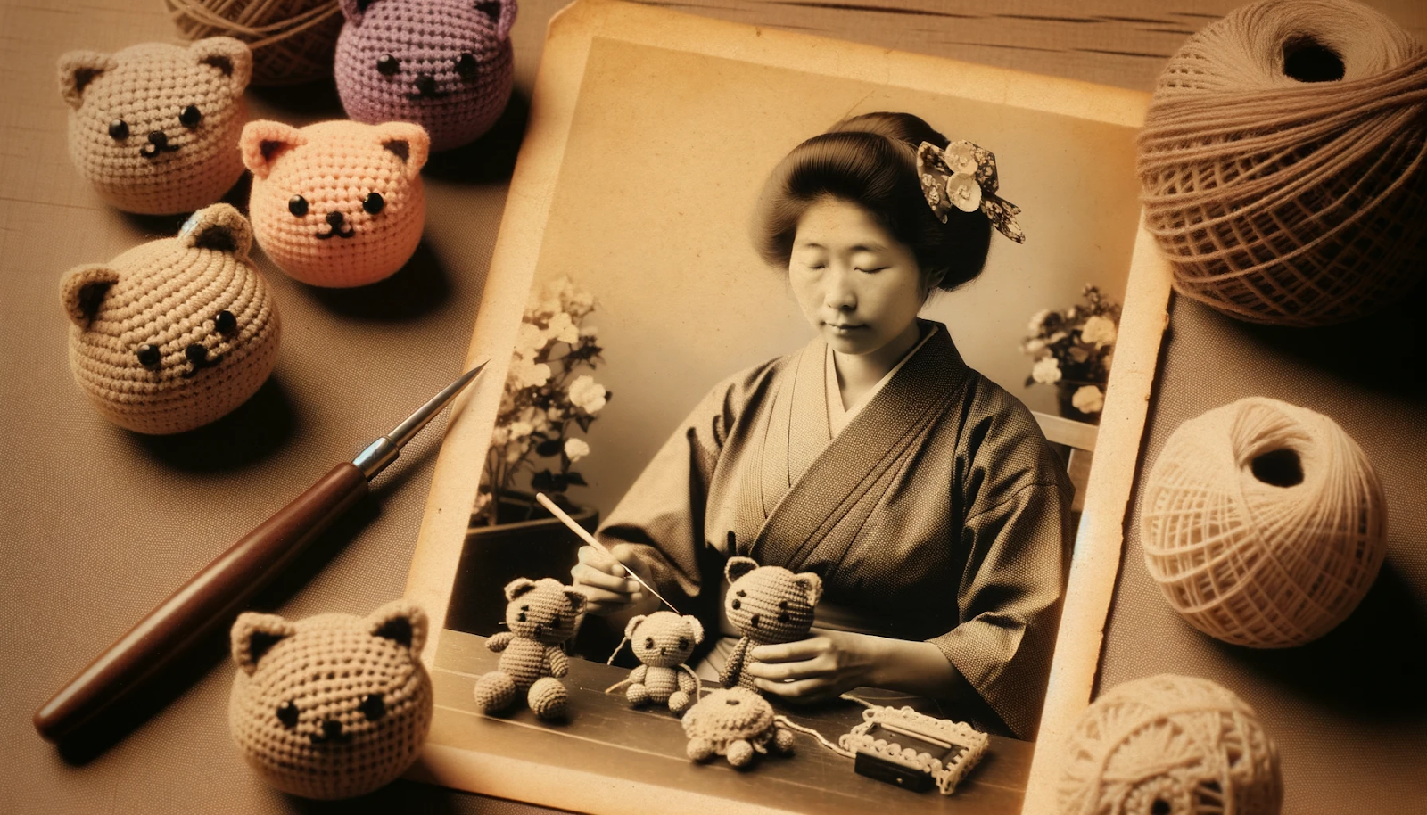 Foto de uma fotografia antiga em tom sépia mostrando uma japonesa de décadas atrás elaborando um Amigurumi. Há artesanatos antigos de Amigurumi em uma mesa de madeira ao lado dela.