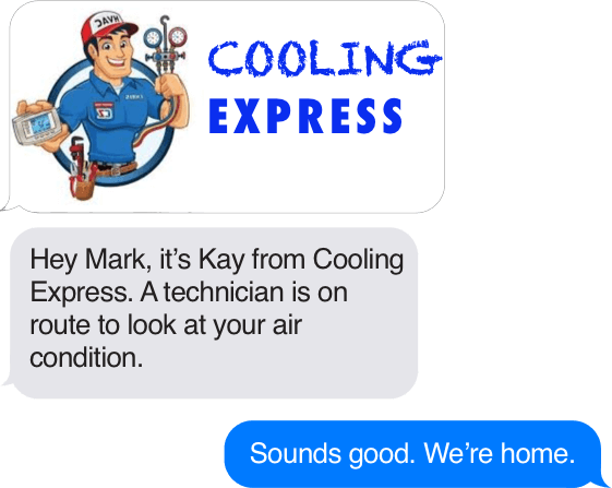 Small business text message about an technician arriving for appointment 